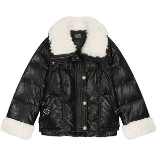 妖精的口袋羊羔毛黑色亮面短款羽绒服女2025年冬季新款甜酷厚外套