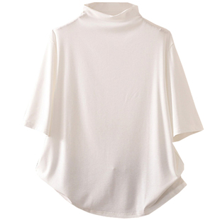 早秋大码200斤半高领胖mm宽松堆堆领轻薄上衣T恤五分中袖打底衫潮