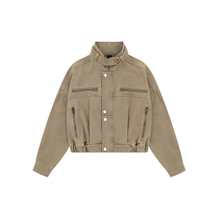 F383 美式复古立领工装牛仔机车外套女宽松高级感短款夹克上衣ins