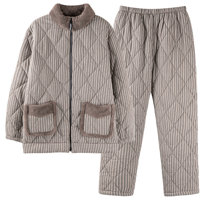 帕兰朵梭织纯棉睡衣男士新款保暖家居服冬季三层加厚棉可外穿套装