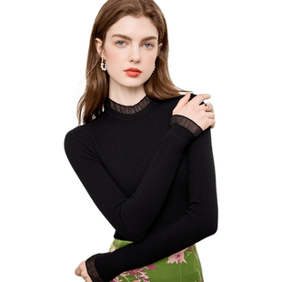 2025秋季新款纯色针织衫玻璃纱拼接毛衫内搭修身打底衫女