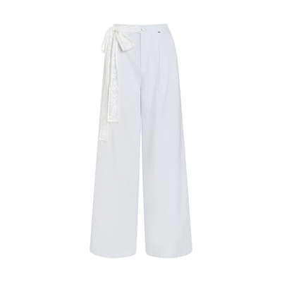 亚麻垂感腰头蕾丝绑带宽松阔腿裤