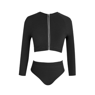 OceanMystery黑色长袖防晒泳衣女分体冲浪服前拉链高腰显瘦水母衣
