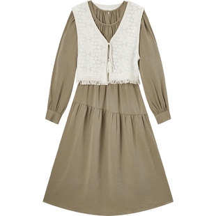 爱居兔长袖连衣裙两件套女春秋新款马甲搭配气质套装裙