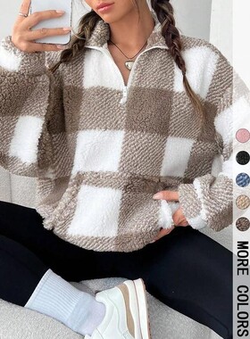 U 96238 Women's Plaid Fleece Hoodie 格子卫衣 跨境欧美