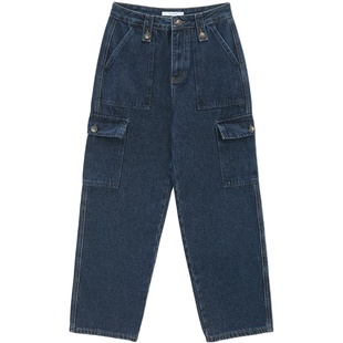 花吉K298蓝色高腰工装大口袋宽松直筒牛仔裤女2025新款冬季阔腿裤