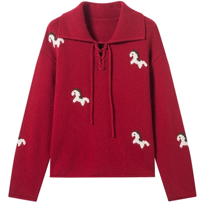 衣香丽影马年红色毛衣提花针织衫