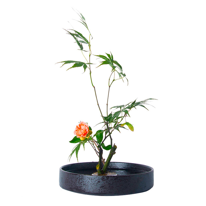 剑山插花器小原流花道中式插花器皿日式陶瓷花盆圆盘禅意花盘花器