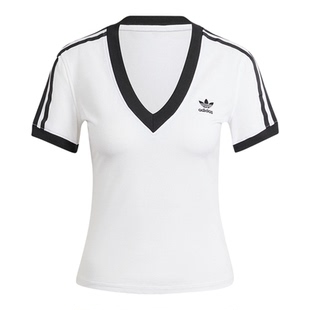Adidas/阿迪达斯正品三叶草女士条纹V领透气短袖T恤IR8114