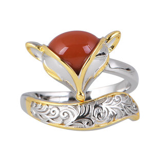 纯银南红小狐狸戒指女轻奢高级感时尚小众设计个性中指食指戒开口