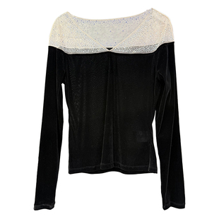 N货!美到不敢照镜子!拼接烫钻V领长袖植绒上衣女 168981~ZY