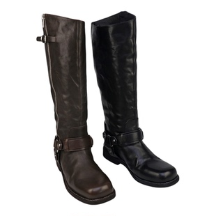 可媚2025新秋冬款圆头牛皮侧拉链皮带扣低跟高筒靴女KC25892-196