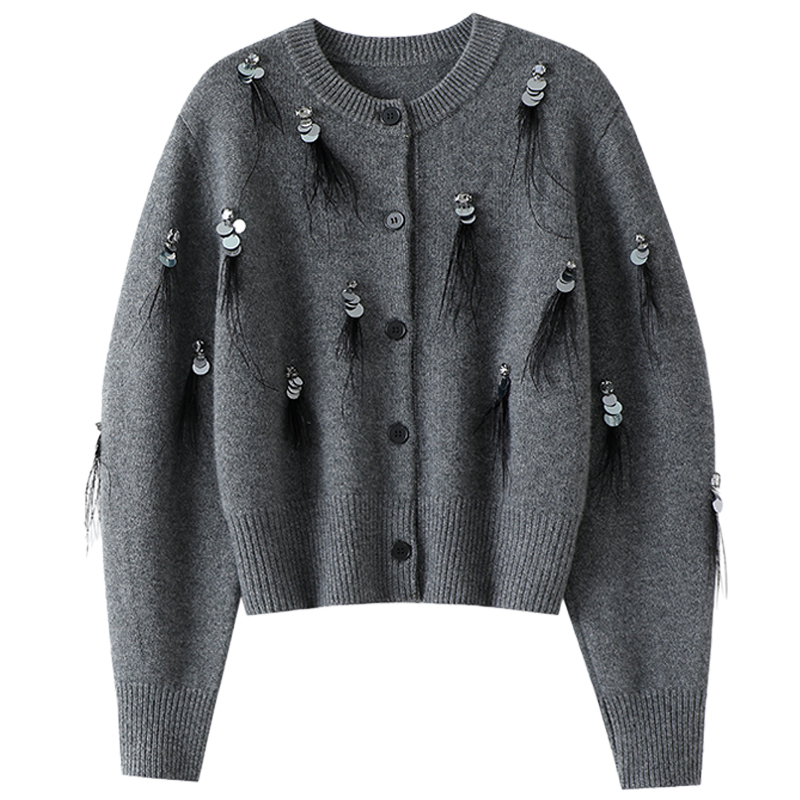 启超官方！时髦风向标~新款亮片流苏装饰100%纯山羊绒开衫女圆领