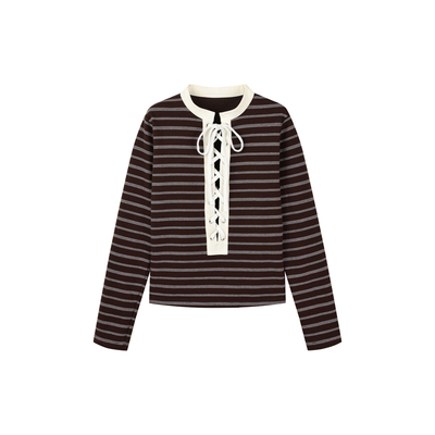 lllgnahc 棕色条纹穿绳条纹长袖T恤女宽松休闲百搭上衣2026春新款