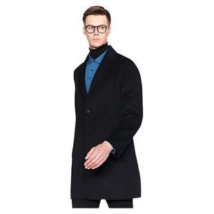 德鲨秋冬季中长款黑色毛呢大衣男西装领商务男装羊毛外套
