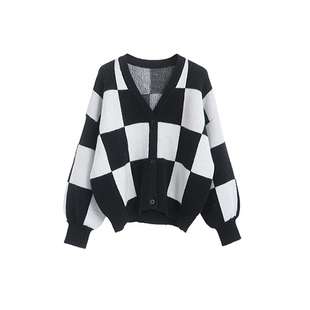 金智秀jisoo同款黑白棋盘格针织开衫女慵懒风毛衣外套宽松高级感