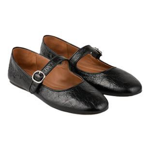 SANDRO博主同款2025春秋女士法式时尚优雅牛皮革黑色一字扣平底鞋