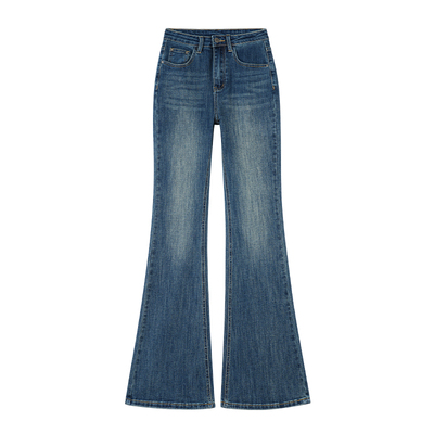 王家有鱼复古蓝微喇裤小个子