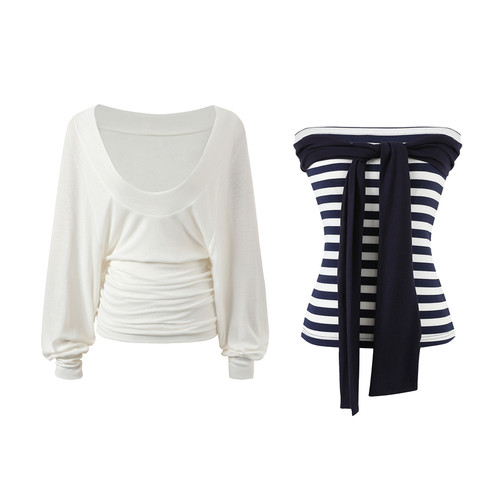 7Shiftin 原创设计早秋新款套装条纹抹胸上衣搭配长袖罩衫两件套