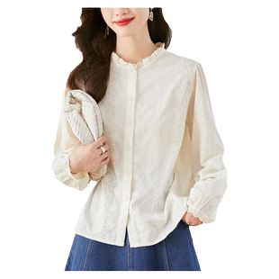 初影杏色木耳领衬衫女长袖2026新款纯棉绣花上衣气质淑女刺绣衬衣