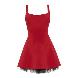 孟子义同款法式甜美气质红色吊带连衣裙收腰网纱拼接辣妹短裙礼裙