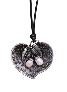 原创复古个性珍珠叶子吊坠项链胸针两用文艺长款项链女配饰毛衣链