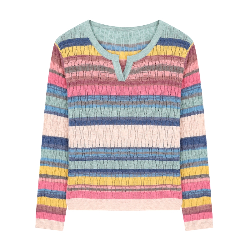 Basic House/百家好秋冬新款绵羊毛彩色条纹针织衫设计感长袖上衣