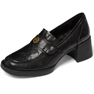 真皮山茶花一脚蹬英伦风乐福鞋女复古羊皮小皮鞋通勤粗高跟单鞋女