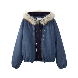 APRIORITY先验 艾雅娜加绒加厚毛领水貂毛重磅帆布假两件棉服夹克