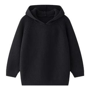 虾酱麻麻男童毛衣冬装2025新款男孩卫衣黑色加厚儿童连帽针织衫