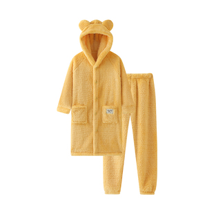 冬季儿童睡袍男长袍珊瑚绒保暖套装连帽男童睡衣家居服青少年男孩