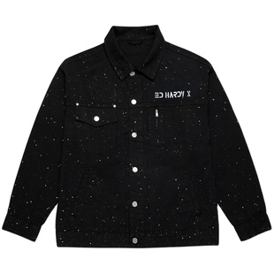 Ed Hardy X25年秋冬新款满天星亮片刺绣设计男女黑色牛仔夹克外套
