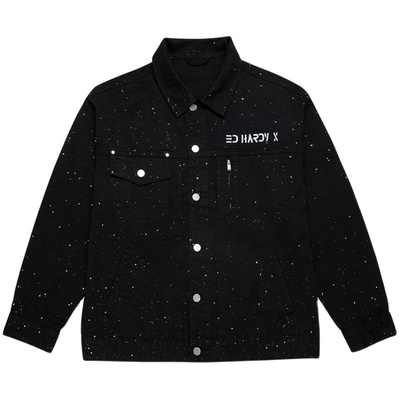 Ed Hardy X25年秋冬新款满天星亮片刺绣设计男女黑色牛仔夹克外套