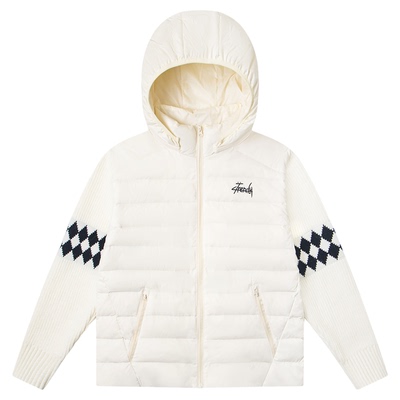 SREK冬季新款棋盘格风连帽羽绒服女短款轻便白鸭绒保暖外套冬季