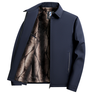 罗蒙翻领夹克男冬季加绒加厚中老年爸爸商务休闲行政夹克保暖外套