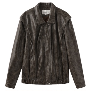 310MOOD秋季复古时髦宽松显瘦拼接叠肩皮夹克外套上衣气质高级感