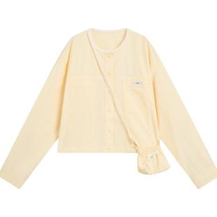 紫涵蕾丝边黄色圆领短外套女秋季新款甜美简约宽松减龄夹克上衣