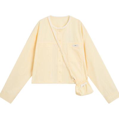 紫涵蕾丝边黄色圆领短外套女秋季新款甜美简约宽松减龄夹克上衣