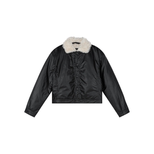 Oneup油蜡感羊羔毛棉服外套25冬季新款翻领保暖短款加绒棉衣夹克