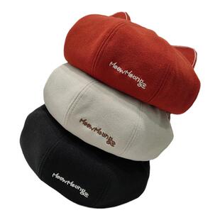 贝雷帽百搭秋冬帽子新款字母日系毛呢耳朵画家帽大头围可爱学院风