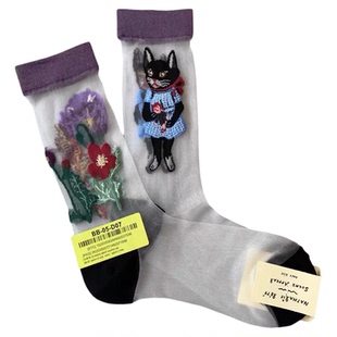 夏季超薄森林童话socksappeal玻璃丝卡通猫咪甜美中筒水晶丝潮袜