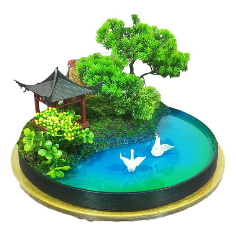 40cm圆桌中间摆件桌面海洋水景桌芯景观迎客松山水画大圆桌艺术