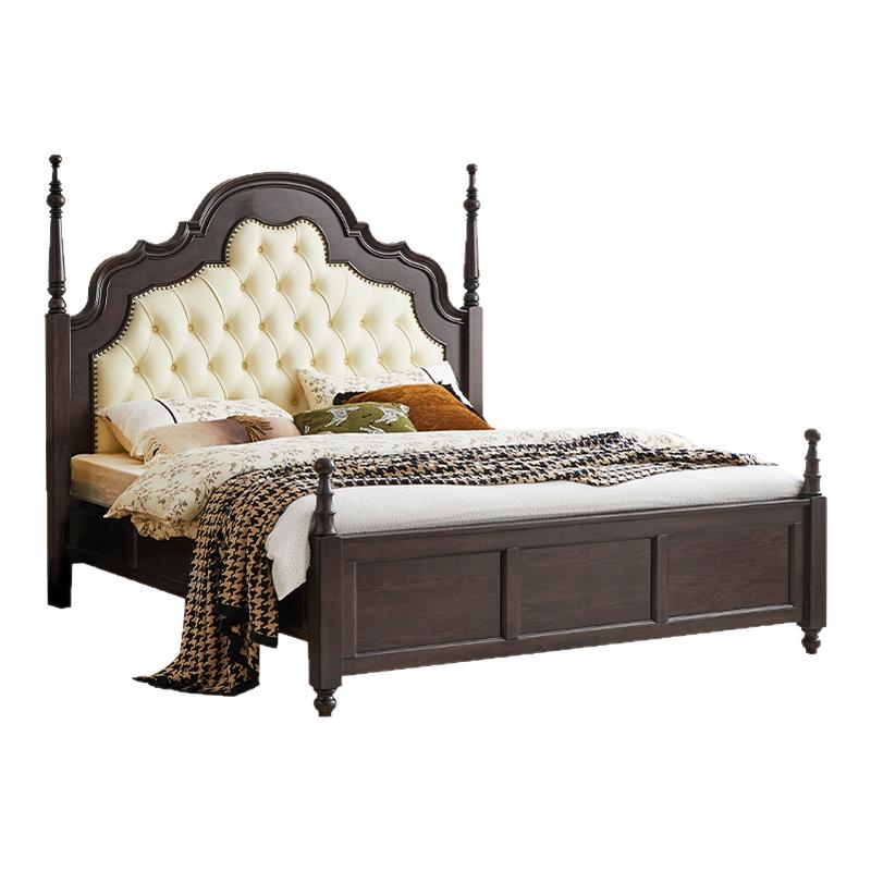 木鱼家具安娜美式全实木法式2米真皮主卧原木双人床复古黑胡桃色