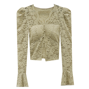 设计感泡泡袖上衣女装内搭小衫性感V领蕾丝衫气质修身打底衫秋装