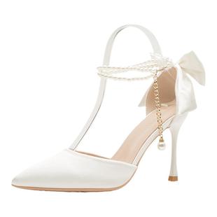 白色高跟鞋细跟配裙子缎面浅色中空单鞋珍珠绑带蝴蝶结包头凉鞋女