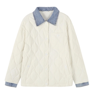 Basic House/百家好假两件牛仔拼接轻薄羽绒服秋冬小个子翻领外套