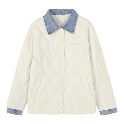 Basic House/百家好假两件牛仔拼接轻薄羽绒服秋冬小个子翻领外套