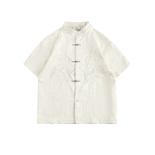 悟空有货新中式刺绣飞机扣短袖衬衫男女中国风复古中山装休闲衬衣