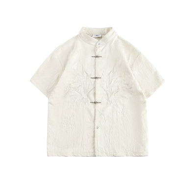 新中式刺绣飞机扣中山装短袖衬衫