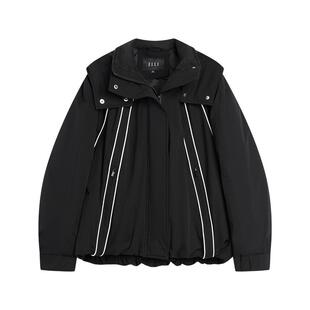 ELLE90白鸭绒黑色撞色短款羽绒服女2025冬季新款厚款保暖连帽外套